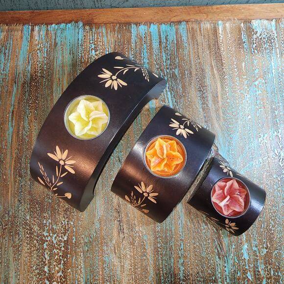 Boho Chic Wooden Floral Candle Holders Set/3 - Hand Carved Arch Tea Light Trio - Picture 7 of 10